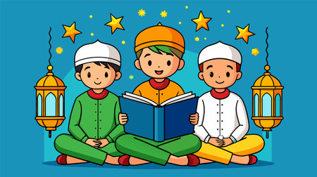 Three animated children in traditional attire celebrating Ramadan with a book and lanterns, against a starry background.のイラスト素材