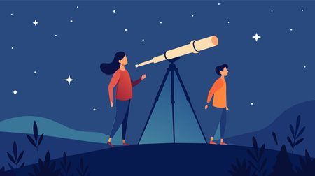 Two people engaging in a stargazing activity with a large telescope against a backdrop of a star-filled sky.のイラスト素材