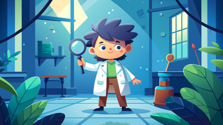 An animated young scientist with a magnifying glass investigates a lab setting, exuding curiosity and discovery in a charming illustration.のイラスト素材