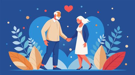 An illustration of an elderly couple holding hands in a stylized nature setting with love and companionship themes under a heart symbol.のイラスト素材