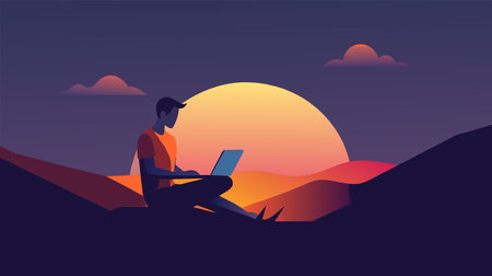 A silhouetted freelancer works on a laptop outdoors with a vibrant sunset in the background, depicting remote work, freedom, and technology.のイラスト素材