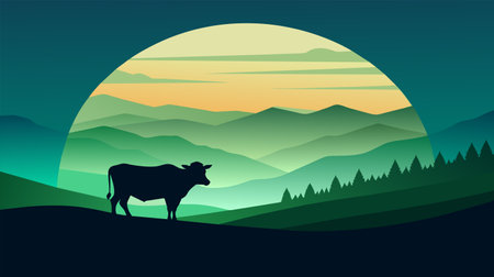 Artistic silhouette of a cow in a peaceful mountain landscape at dusk, with layered hills and a vibrant sunset sky.のイラスト素材
