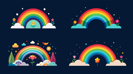 A set of four vibrant rainbow graphics, each adorned with flowers, stars, clouds, and a cheerful sun, ideal for creative designs.のイラスト素材