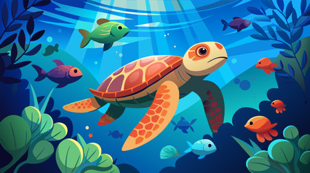 Vibrant vector illustration of a sea turtle swimming amidst tropical fish in a beautiful underwater seascape with seaweed and light rays.のイラスト素材