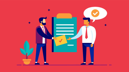 Vector illustration of two stylized businessmen shaking hands beside a large checklist, signaling agreement or partnership on a red background.のイラスト素材