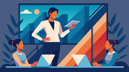 Vector illustration of a modern office setting with a standing woman presenting on a tablet to seated colleagues, depicting teamwork, collaboration, and a professional workplace atmosphere.のイラスト素材
