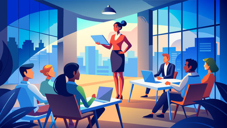 Colorful vector illustration of a diverse team engaged in a business meeting inside a modern office with large windows overlooking the city skyline.のイラスト素材