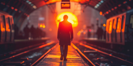 A man stands on a train platform, bathed in the warm glow of the setting sun.の素材