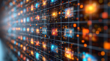 Close-up of a vibrant, glowing LED panel illustrating advanced digital technology. The abstract image conceptually represents data processing, futuristic interfaces, and high-tech backgrounds.の素材