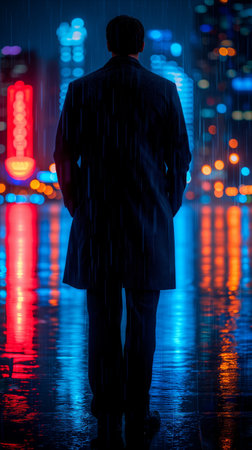 Rear view of a lone man's silhouette against a vibrant backdrop of city lights, with rain adding a reflective sheen to the urban scene.の素材