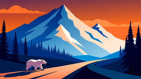 A stunning, stylized illustration of a bear crossing a road with a beautiful mountain landscape and sunset in the background.のイラスト素材