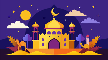 A vibrant illustration of a Middle Eastern scene featuring a mosque, camels, and a starry sky, capturing the essence of an Arabian night.のイラスト素材