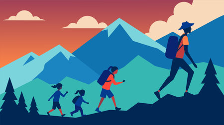 A stylized illustration of a family enjoying a hike through a mountainous landscape during sunset with colorful skies.のイラスト素材