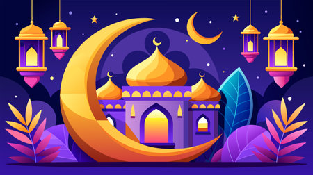 Vibrant vector illustration depicting a festive Eid celebration scene with crescent moon, mosque, and hanging lanterns against a starry night sky.のイラスト素材