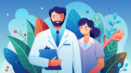 An illustration of a smiling male and female healthcare professionals, with clipboard, standing outside with decorative foliage backdrop.のイラスト素材