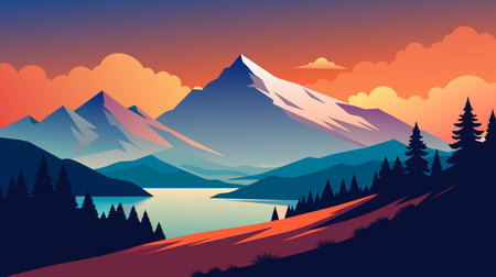 An artistic portrayal of a serene mountain landscape featuring a setting sun, colorful skies, and a tranquil lake surrounded by evergreen trees.のイラスト素材