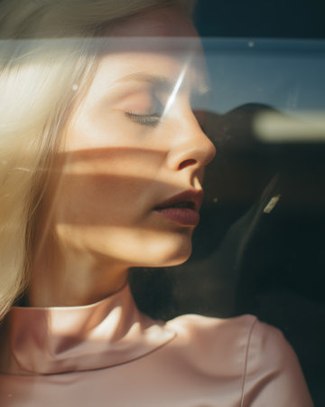 Close-up photo of young blonde woman behind glass. Generative AIの素材