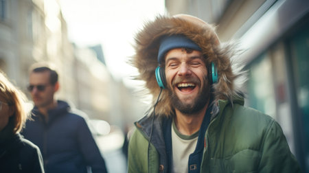 A man joyfully laughs, immersed in music, as he wears headphones, expressing his delight and amusement.. Generative AIの素材
