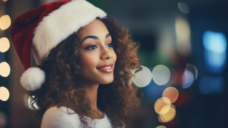 Young woman wearing a Santa hat. Generative AIの素材