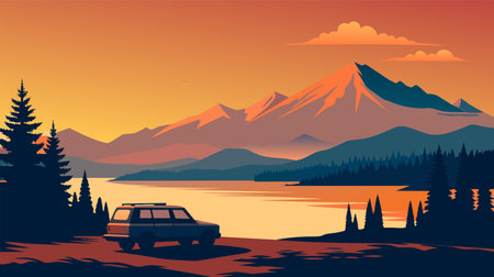 A car is parked by the tranquil mountain lake, reflecting the majestic peaks in the clear water on a sunny day.のイラスト素材