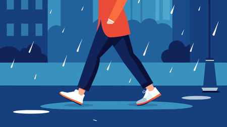 This vector illustration depicts a scene of an individual walking amidst a rainy ambiance during nighttime. The visual focuses on the lower half of the person, highlighting their stride through puddles, suggesting a sense of movement and the texture of the wet urban environment.のイラスト素材
