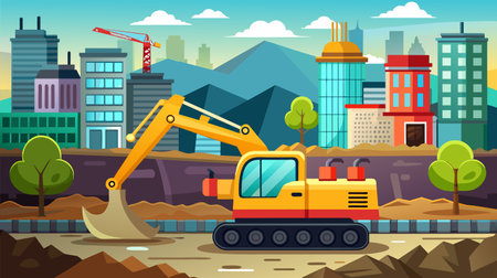 A construction site captured in a vector illustration, prominently featuring a bulldozer in the foreground.のイラスト素材