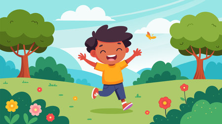 A young boy is energetically jumping high in the air, with arms outstretched and a big smile on his face.のイラスト素材