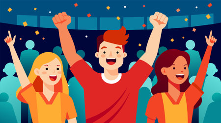 This vector illustration depicts a group of three exuberant fans, two females and one male, celebrating a victory at a sports event under a night sky filled with confetti. The individuals are shown cheering, with their arms raised in victory, conveying a palpable sense of excitement and joy. The background hints at a festive atmosphere, likely at an outdoor arena or stadium.のイラスト素材