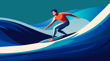 A man is skillfully riding a large wave on top of a surfboard, showing his surfing abilities and balance in the water.のイラスト素材