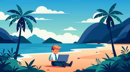 A man is sitting on the sandy beach while using a laptop computer. He appears focused on his screen, possibly working or browsing the internet.のイラスト素材