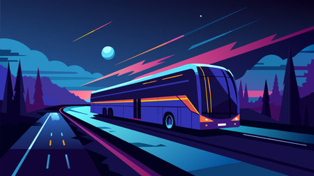 A vector illustration of a bus traveling down a road at night, with headlights illuminating the dark surroundings.のイラスト素材