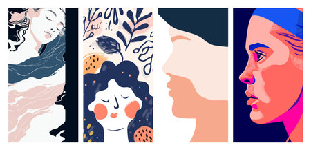 A collection of abstract illustrations featuring stylized female portraits in various modern...