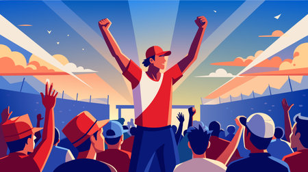 A man stands confidently in front of a large crowd of people, addressing them with purpose and determination.のイラスト素材