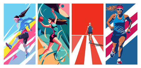 A diverse group of people are running together on a vibrant and colorful background, showing teamwork and fitness in action.のイラスト素材