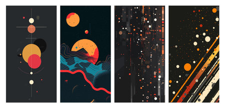 A collection of four abstract paintings featuring different shapes and sizes, each distinct in its composition and color palette.のイラスト素材