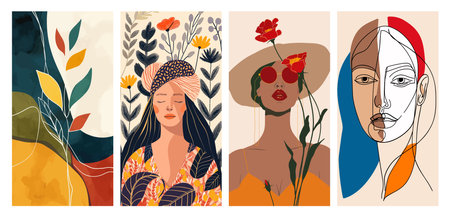 A collection of four stylized portraits depicts women personifying the four seasons. The artwork uses a blend of colors and natural elements to symbolize spring, summer, autumn, and winter, each reflecting the unique attributes of the season they represent through their attire, accessories, and the flora surrounding them.のイラスト素材