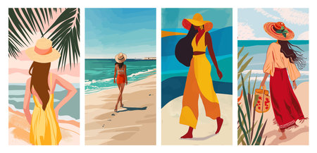 Set of four stylish beach fashion posters featuring women enjoying the seaside. Vector illustrations ideal for travel, summer, and fashion themes.のイラスト素材