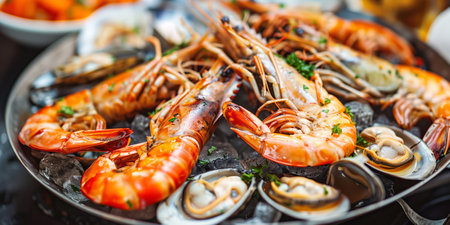 A close-up shot of a delectable seafood platter, featuring juicy prawns, shellfish, and herbs on ice, perfect for gourmets and culinary themes.の素材