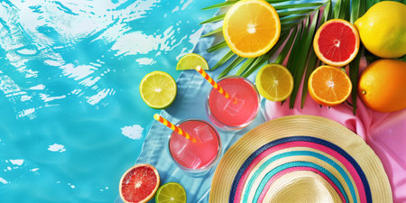 Top view image capturing the essence of summer with vibrant cocktails, fresh citrus fruits, and a stylish hat by the pool.の素材