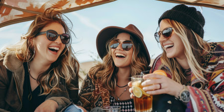 Three happy women share a light-hearted moment while enjoying drinks under an open-air shelter, embodying friendship and joy.の素材