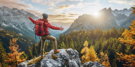 An adventurous traveler celebrates reaching the summit of a mountain peak at sunset, surrounded by stunning autumn scenery.の素材