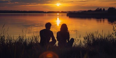 Silhouette of a man and woman sitting together by a calm lake as the sun sets, creating a romantic atmosphere.の素材