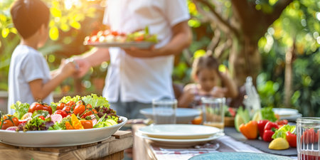 A warm and inviting scene of a family sharing a healthy, homemade meal together outside in their garden illuminated by sunshine.の素材
