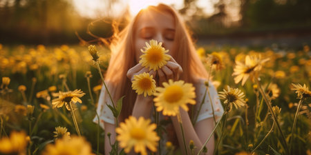 A tranquil scene with a young woman surrounded by yellow flowers, soaking in the warm glow of a sunset in a blooming field.の素材