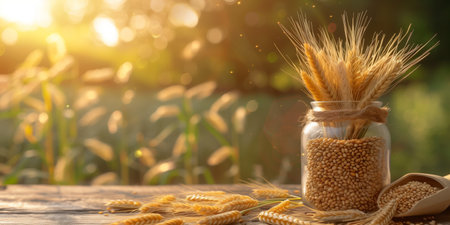 Close-up of a glass jar filled with grains and wheat ears tied with twine against a blurred natural backdrop, highlighting agricultural abundance and natural beauty.の素材