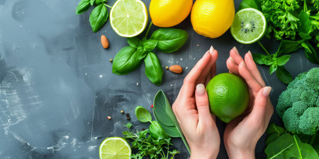 Hands holding a lime with fresh lemons, basil, parsley, and herbs on a dark slate surface, symbolizing freshness and healthy food choices.の素材