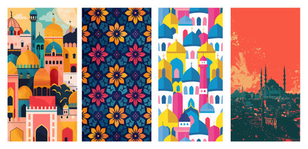 Vibrant illustrations depicting Middle Eastern architecture and geometric patterns. Ideal for cultural, travel, and design themes.のイラスト素材