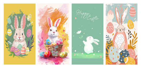Set of four vibrant Easter themed illustrations featuring cute bunnies, painted eggs, and floral...