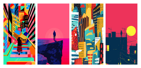 This artwork features colorful, stylized cityscapes with human figures against striking backdrops, evoking urban life and contemplation.のイラスト素材