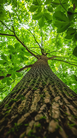 An inspiring upward view of a majestic tree trunk, extending into a canopy of lush green leaves against the sky.の素材